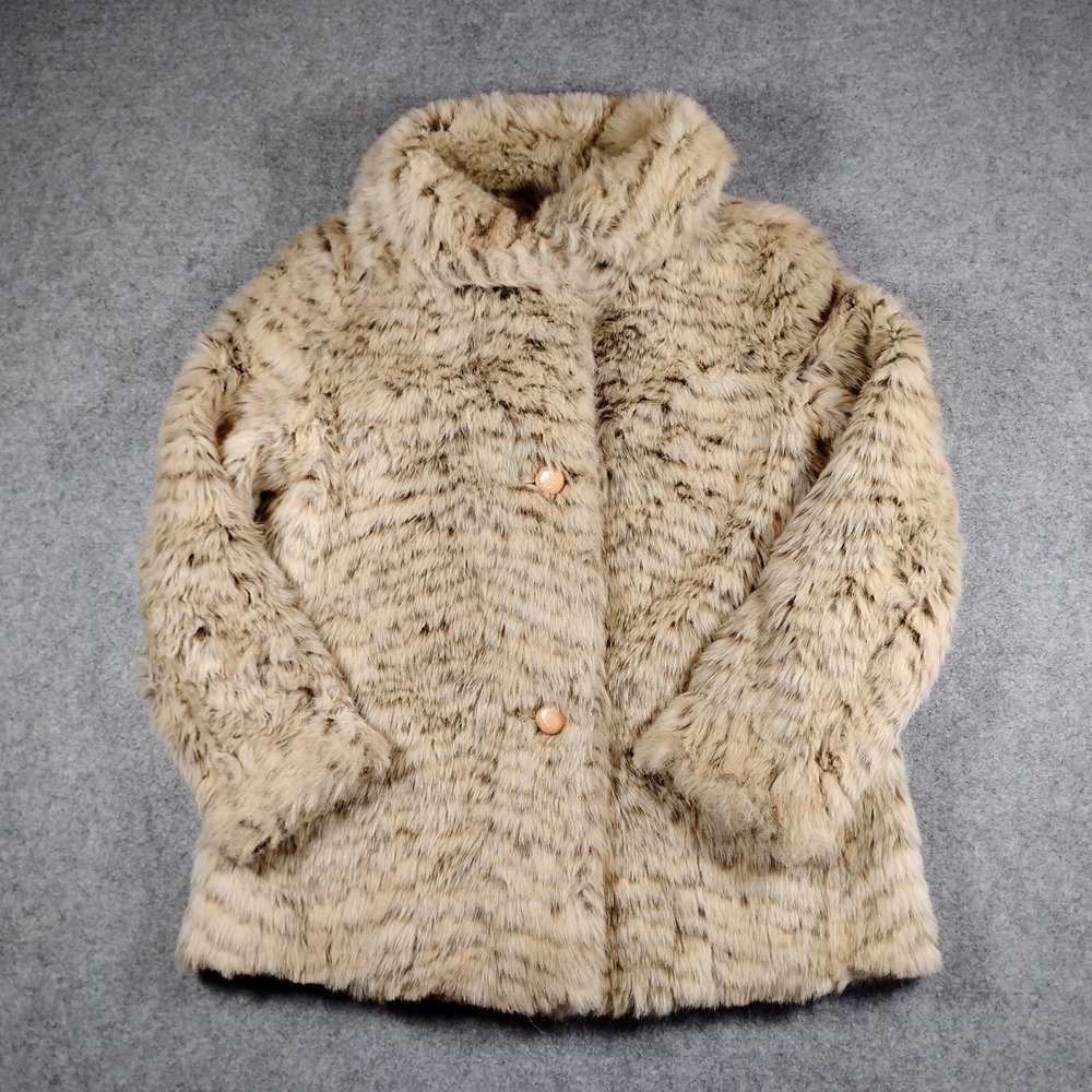 Dubrowsky & Perlbinder‎ Vintage 60s Faux Fur Coat Beige Animal Print Size 10